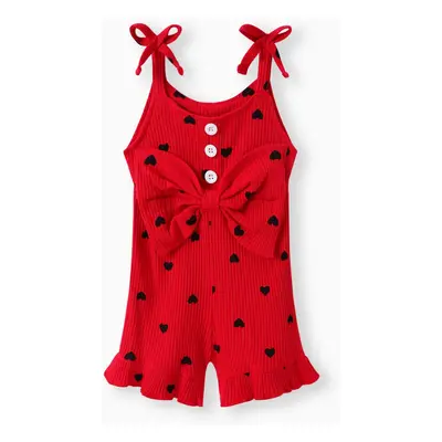 Baby Girl Cotton Ribbed Allover Heart Print Bow Front Ruffle Trim Cami Romper