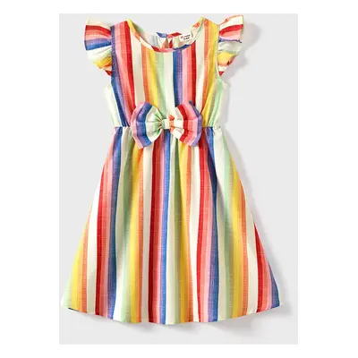 Family Matching Colorful Striped V Neck Flutter-sleeve Dresses and Short-sleeve T-shirts Sets