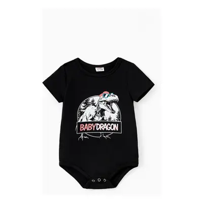 Family Matching Cotton Black Short Sleeves Dinosaur Graphic Tops