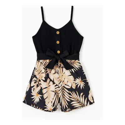 Mommy and Me Camisole Leaf Print Belted One-piece Romper