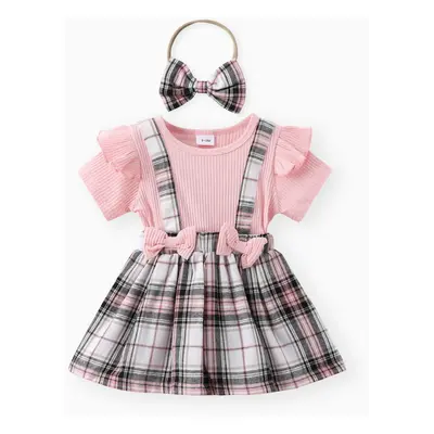 2pcs Baby Girl 95% Cotton Ribbed Ruffle Trim Bow Decor Short-sleeve Spliced Plaid Dress & Headba