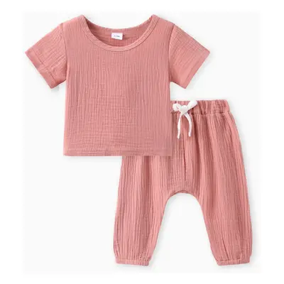 Crepe 2pcs Solid Short-sleeve Baby Set