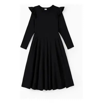 Mommy and Me Black Long Sleeves Flowy Ruffle Bottom Dresses with Pockets