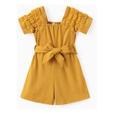 Baby Girl Puff-sleeve Solid Color Jumpsuit