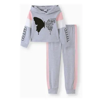 2-piece Kid Girl Butterfly Print Letter Hooded Sweatshirt and Pants Set