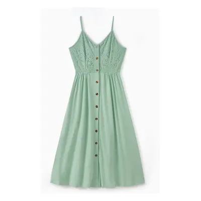 Family Matching Color Block Tank Top and Green Button up Lace Top Strap Dress Sets