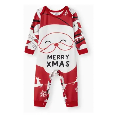 Christmas Family Matching Big Santa Graphic Front Allover Pattern Back Pajamas Sets with Pockets