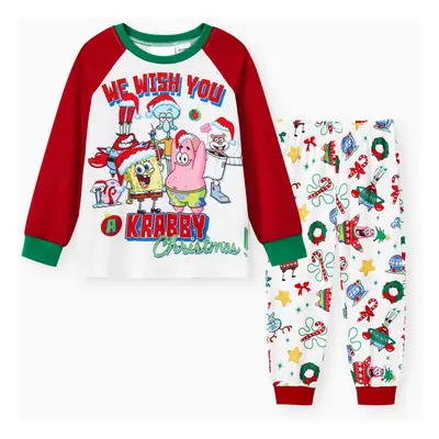 SpongeBob SquarePants Family matching Christmas Print Colorblock Pajama Set(Flame Resistant)