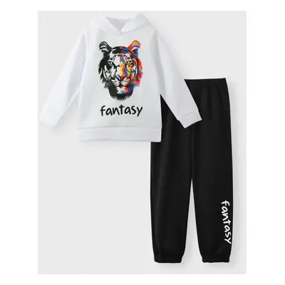 2-piece Kid Boy Letter Animal Print Fleece Lined Hoodie Sweatshirt and Pants Set