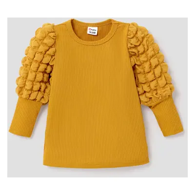 Toddler Girl Textured Ribbed Long Puff-sleeve Solid Color Tee