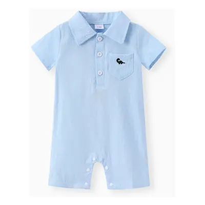 Baby Boy 100% Cotton Front Buttons Pocket with Dinosaur Pattern Lapel Neck Solid Jumpsuit