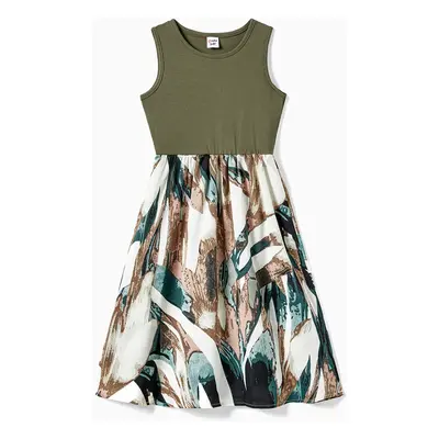 Family Matching Colorblock T-Shirt and Tank Top Spliced Floral A-Line Dress Sets