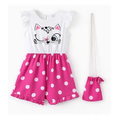 Kid Girl Elephant/Cat Print Colorblock Jumpsuit with Crossbody Bag