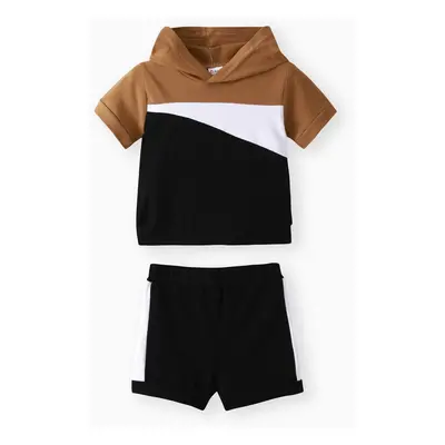 2pcs Baby Boy 95% Cotton Hooded Short-sleeve Colorblock Top & Shorts Set