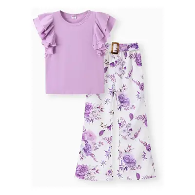 3pcs Kids Girl Flutter Sleeve Top and Floral Pattern Pants with Belt Set