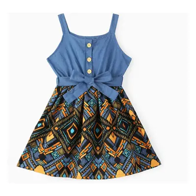 Toddler Girl Boho Exotic Graphic Splice Belted Slip Dress