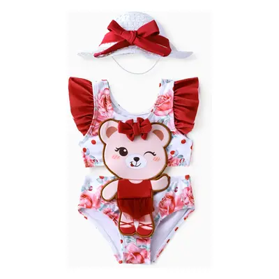 Baby Girl 2pcs Bear Embroidery Swimsuit with Hat