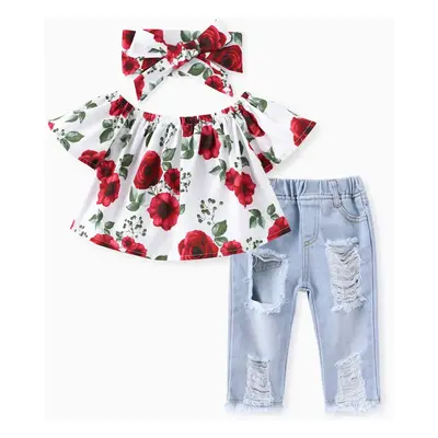 Baby Girl 3pcs Sweet Off-Shoulder Tee and Denim Jeans and Heandband Set