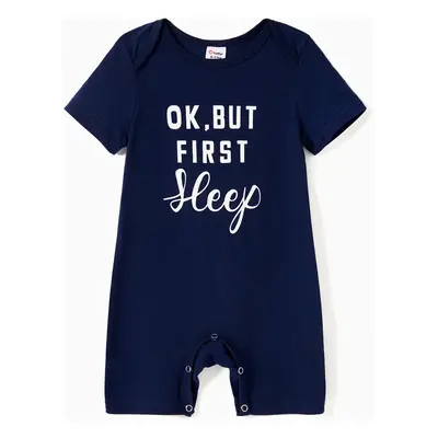 Family Matching Pajamas Sets Glow in the Dark Slogan Dark Blue Top and Plaid Drawstring Shorts