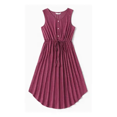 Family Matching Solid V Neck Sleeveless Button Up Drawstring Dresses and Striped Colorblock Shor