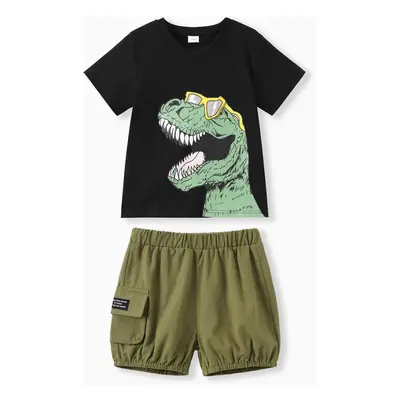 2pcs Baby Boy Glasses Dinosaur Print Short-sleeve Tee and Cargo Shorts Set