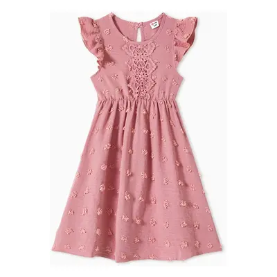 Family Matching Cotton Short-sleeve T-shirts and Pink Swiss Dot Lace Detail Flutter-sleeve Dress