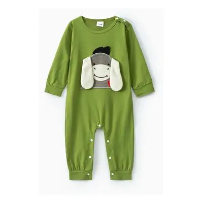 Donkey Embroidery 3D Ear Design Long-sleeve Green Baby Jumpsuit