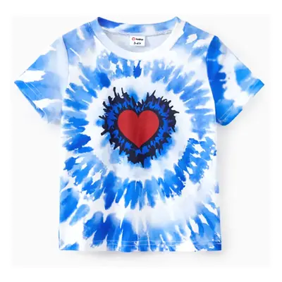 Family Matching Blue Tie-Dye Red Heart Pattern Short Sleeves Cotton Top