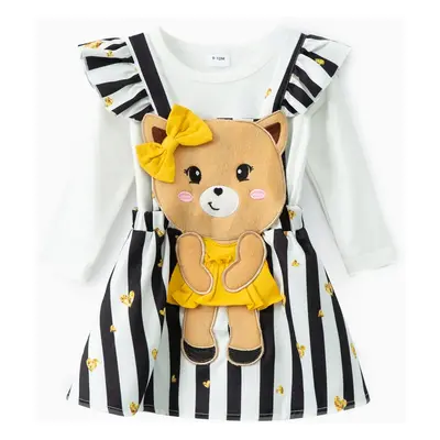 3pcs Baby Girl Stripe Bear Pattern Hyper-Tactile 3D Design Bow Suit Dress