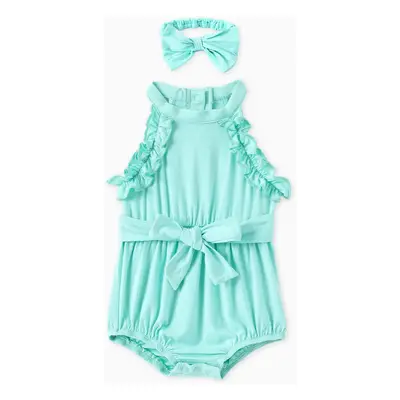 Baby Girl Solid Ruffled Romper with Headband