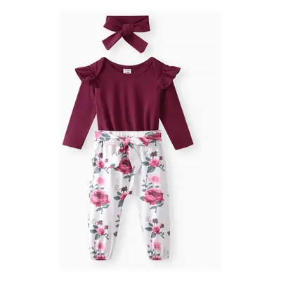 3pcs Baby Girl 95% Cotton Ruffle Long-sleeve Romper and Floral Print Pants with Headband Set