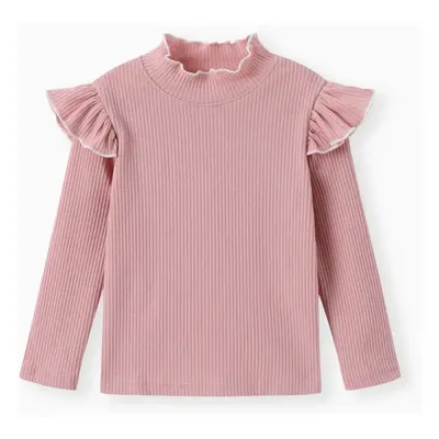 Toddler Girl Solid Color Ruffled Mock Neck Ribbed Long-sleeve Tee