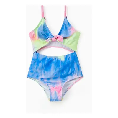 Family Matching Tie Dye V Neck Self-tie Hollow Out Spaghetti Strap One-Piece Swimsuit and Swim T