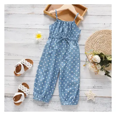 Toddler Girl Polka dots Bowknot Design Denim Cami Jumpsuits