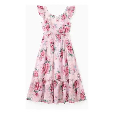 Mommy and Me Pink Rose Floral Square Neck Ruffle Trim Sleeveless Dress