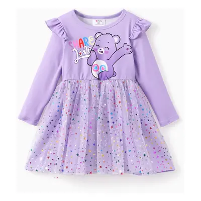 Care Bear Toddler Girl 1pc Character Print Ruffled Long-sleeve 3D Floral/Butterfly Tulle Dress