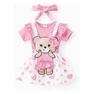 Baby Girl 3pcs Bear Style Romper and Embroidered Overall Dress with Headband Set