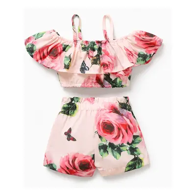 2pcs Baby Girl Floral Print Pink Off Shoulder Spaghetti Strap Ruffle Crop Top and Shorts Set