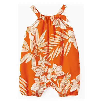 Family Matching Orange Beach Shirt and Floral Strap Dress Sets