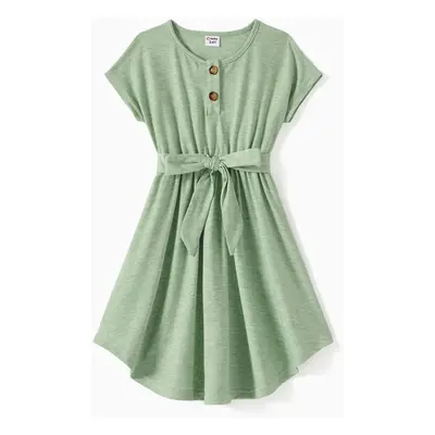 Family Matching Colorblock Stripe Tee and Green Button A-Line Dress Sets