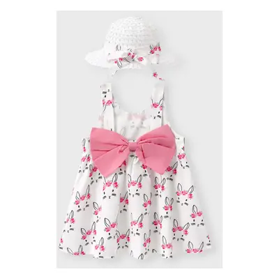 2pcs Baby Girl Bow Front Pretty Rabbit Print Tank Dress & Hat Set