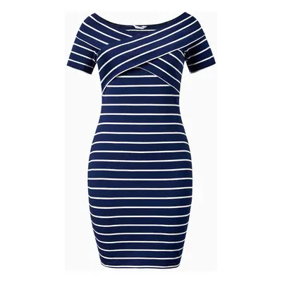 Family Matching Stripe T-shirt and Stripe Cotton Crisscross Bodycon Knitted Off-Shoulder Dress S