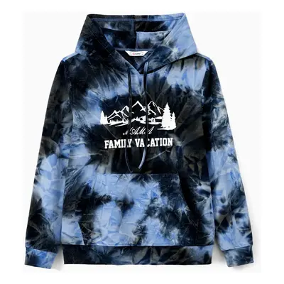 Family Matching Tops Blue-Black Tie-Dye Family Vacation Drawstring Hoodie with Pockets