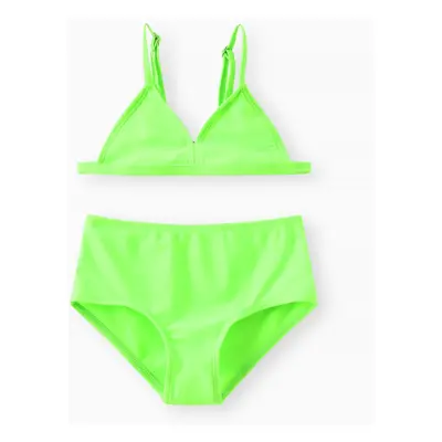 Girl's 2pcs Solid Color Swimsuit with Hanging Strap, Tight Fit, Polyester-Spandex Material