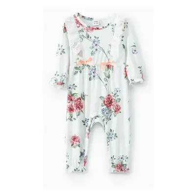 Floral Allover Bow and Lace Decor Long-sleeve Baby Jumpsuit