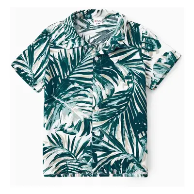 Family Matching Sets Leaf Pattern Beach Shirt or Drawstring Front Spliced Floral High-Low Dress