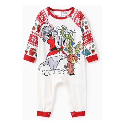 Tom and Jerry Family matching Christmas Tree Character Pattern Colorblock Pajama Set (Flame Resi