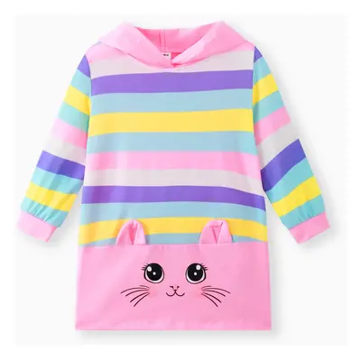 Toddler Girl Sweet Cat Animal Design Hooded Stripe Long Sleeve Dress