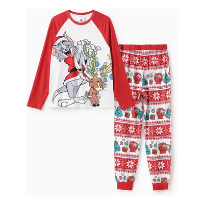 Tom and Jerry Family matching Christmas Tree Character Pattern Colorblock Pajama Set (Flame Resi