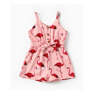 Toddler Girl Flamingo Print Button Design Belted Cami Jumpsuit